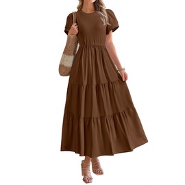 BTFBM Women Casual Summer Dresses 2025 Spring Crewneck Short Sleeve Tiered Flowy Boho Maxi Beach Vacation Dress Pockets(Brown, Small)