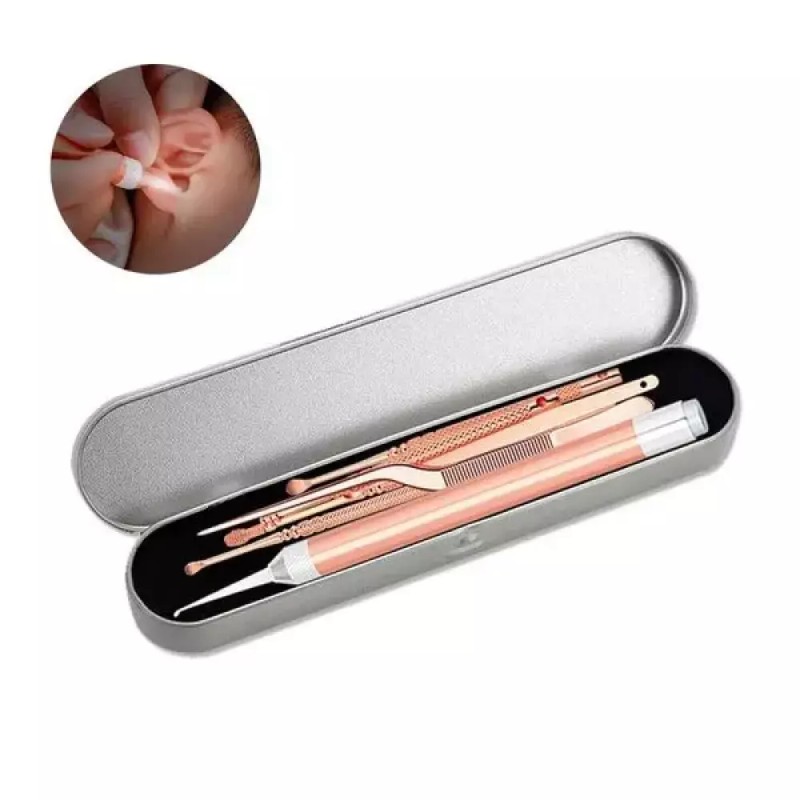 핑크골드 귀청소세트/ LED귀이개/ 귓밥쪽집게/ 보관통 Pink Gold Ear Pick Cleaning