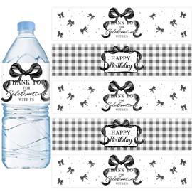 52pcs Black Bow Birthday Water Bottle Label Black Bow Birthdays Party Decorations Coquette Birthdays Party Waters Bottle Sticker for Bows Theme Waterproof Wrapper Labels