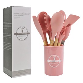 Silicon Cooking UTENSILES, 12PCS Kitchen UNETSILE Set with Wooden Handle | Heat Resistance | Gadget Set | Spatula Sets | Brush | Whisk | Tongs | Bucket (Pink)