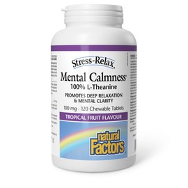 Natural Factors Natural Factors Stress-Relax Mental Calmness, 120 Chewable Tablets, Tropical Fruit Flavour, Suntheanine® L-Theanine 100 mg, Promotes Deep Relaxation and Mental Clarity, Proudly Canadian