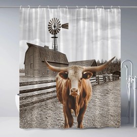 ZZYSKS Longhorn Shower Curtain Highland Cow Rustic Windmill Barn Farm Animal Scenery Funny Bull Western Country Farmhouse Cattle Bathroom Decor Fabric with Hooks 70Wx70H Inch