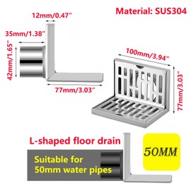 Qrity 1 Piece Floor Drain Made of Stainless Steel, Corner Floor Drain, Side Drain, Odour-Proof, Balcony Wall Drain, for 50 mm Pipes