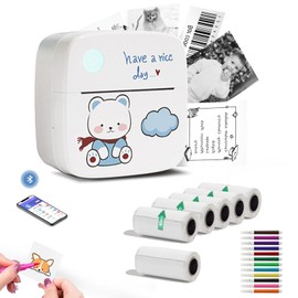 UOEPOWA Mini Printer, Bluetooth Sticker Printer with 6 Rolls Paper & Colored Pens, Portable Thermal Printer Sticker Maker with Multi Templates for Organization, Crafts, Study,Compatible Phone & Tablet