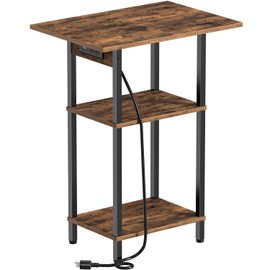 Asgolion Tall End Table with Charging Station, Skinny Nightstand with USB Ports and Outlets, 3 Tier Narrow Side Table with Storage for Bedroom, Living Room, Office, Rustic Brown and Black