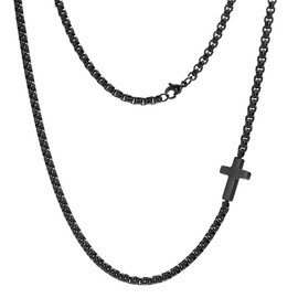 FLHEART Sideways Cross Chain Necklace for Men, Stainless Steel Sideways Mens Cross Necklace Silver/Black Box Chain for Men, Cool Non Tarnish Christian Jewelry Gifts for Him for Him, 20"/22"