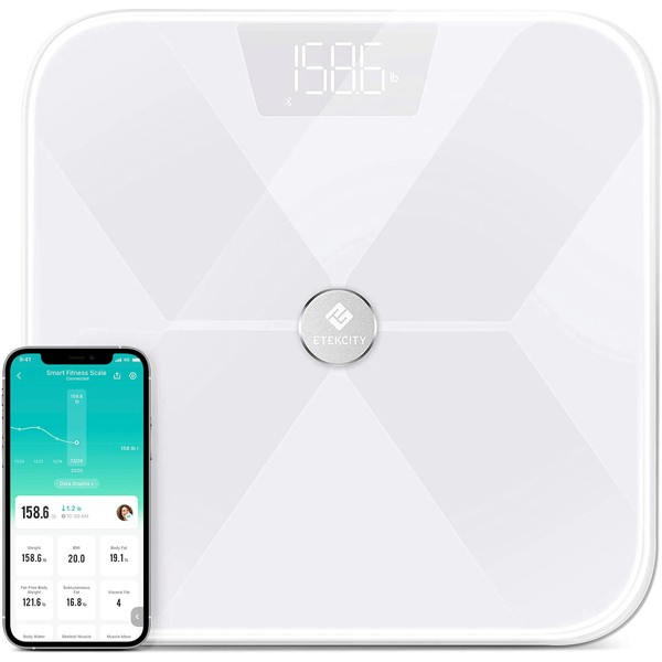Etekcity Smart Digital Bathroom Weight Scale, Scales for Body Weight and Fat, Wellness Bluetooth Health Monitor, 12.2 x 12.2 inches, White