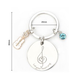 FRULX Music Lover's Good Luck Keychain Accessories, Cute Round Stainless Steel Key Ring with Guitar Pendant, Blue Bead and Inspirational Quote, Let Your Heart Sing, Gift for Women and Travel