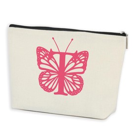 AOZHUO Initial Makeup Bags for Women Lined Monogram Cosmetic Bag Birthday Gifts for Women Girls Bridesmaid Best Friends Sisters, Travel Toiletry Bag, Pink Butterfly Letter T
