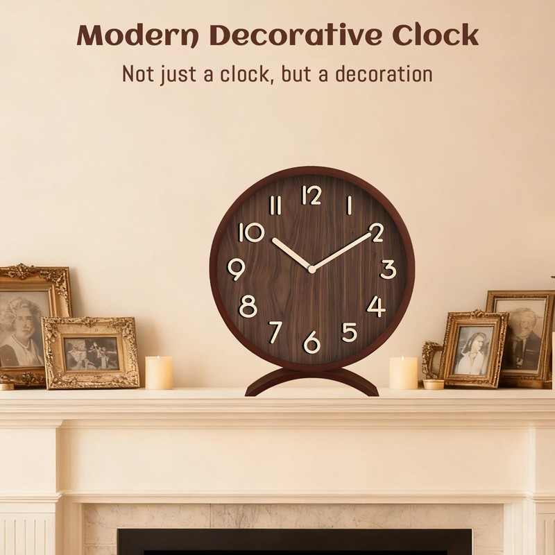 Maxspace Table Clock,Silent Non-Ticking Wooden Desktop Clock,Battery Operated Decorative Desk