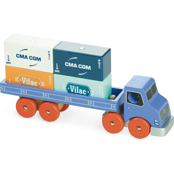 Vilac Wooden Vilacity Container Truck, Includes 4 Magnetic Container Blocks and Vehicle Truck, Wipe Clean, 23 x 11 x 5 cm, 3 Years+
