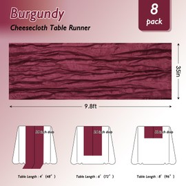 Fixwal 8 Pack Burgundy Cheesecloth Table Runners, Pleated Boho Gauze Table Runner, Long Semi-Transparent Table Decorations for Parties, Showers, Birthdays and Weddings(35x120 Inch)