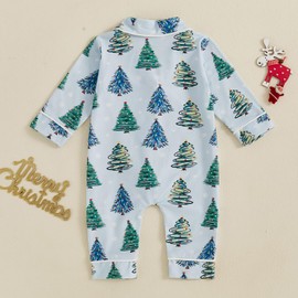 Balaflyie Baby Girl Button Down Pajamas Romper One-Piece Jumpsuit Long Sleeve Sleeper Infant Sleepwear (Christmas Tree&Blue,12-18 Months)
