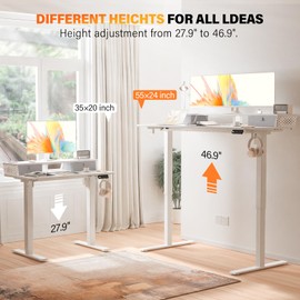 Electric Standing Desk with 2 Drawers 40''x 24'' Small Adjustable Height Sit to Stand Up Desk with Storage Shelf, C-Clamp Mount Compatible White Home Office Desks Computer Desk Ergonomic Workstation