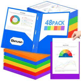 Ellinjan 48 Pack Plastic Folders with Pockets and Prongs, Clear Front 2 Pocket Folders with Brads, Heavy Duty Bulk Folders in 6 Colors, Letter Size for School and Office Supplies