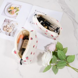 Jiliyote Cosmetic Bag Corduroy Small Toiletry Bag Women's Small Cosmetic Bag with Smile Cord Cosmetic Bag Women's Cord Cosmetic Bag Travel Cosmetic Bag for Travel Girls Women, Strawberry Beige