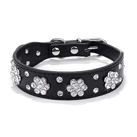 haoyueer Rhinestone Dog Collar, Cute Flower Rhinestone Cat Dog Collar, Bling Collar PU Leather Adjustable Sizes S M L (S, Black)