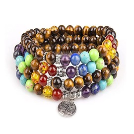 Addmluck 108 Mala Beads Meditation Necklace 7 Chakra Tree of Life Pendant Necklace Prayer Buddha Beaded Bracelets Healing Stone Yoga Necklace for Men and Women Jewelry(7 chakra tiger eye)