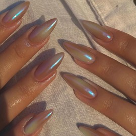 Viugex 24Pcs Almond Press on Nails Medium Long, Colorful Aurora French False Nails, Glossy Soft Gel Fake Nail Artificial Full Cover Glue on Nail, Reusable Stick on Nails for Women Girls Manicure