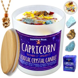 DANCING BEAR Capricorn Zodiac Candle Gift Box Set with 3 Healing Crystals & Stone Holder Necklace, 100% Soy Scented Wax, Crackling Wood Wick, 45 Hour Burn Time