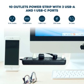 Power Strip Surge Protector USB-C and 10 AC Outlets, 3 USB and 1 USB C, Fast Charging Ports, Black, Flat Plug 6 ft Extension Cord, 2100 J 1875 Watts, 15A, Outlet Extender, ETL, BENTRONIC.