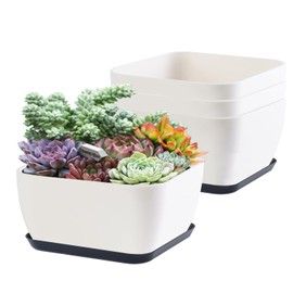 Succulent Pots 6 Inch Shallow Herb Planters with Drainage Hole - 4 Packs Cactus Planter for Home Office Garden Plants Pot Present - Plants Not Included (Off White)