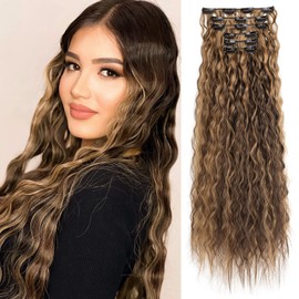 LONAI Clip In Hair Extensions, 6PCS Curly 24" Long Synthetic Clip On Hairpiece For Women-Chocolate Brown with Caramel Blonde Highlights