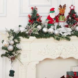 GAOMON Prelit Christmas Garland with 20 Lights, Outdoor Christmas Garland with Silver White Christmas Balls Pine Cones Berries for Front Door Fireplace Mantel Porch Indoor Home Holiday Decorations