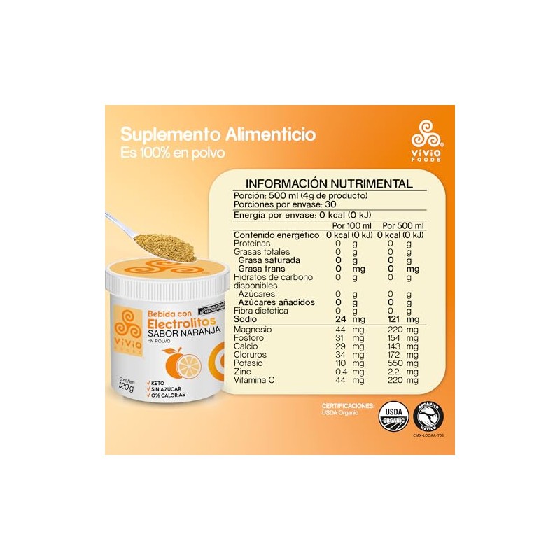 Vivio Foods, Electrolitos en Polvo Sabor Naranja 120 gr