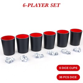 Gesserit Felt Lined PU Leather Dice Cups Set, 6 Quiet Dice Cups with 30 Dice for Bar Party Yahtzee Farkle Dice Games, Red and Black