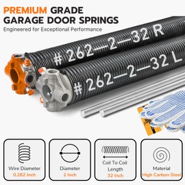 Buck Pair of 2" Heavy Duty Garage Door Torsion Springs Set with Non-Slip Winding Bar & Gloves - High Precision Replacement with Electrophoresis Black Coating, Minimum 20,000 Cycles (0.262x2''x32'')