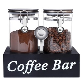 WYTAOHZL 2PCS Glass Coffee Containers with Shelf 54 oz Coffee Station Organizer Glass Coffee Bean Storage with Spoon Coffee Canister Set Jars with Airtight Locking Clamp for Coffee Bean Ground Nuts
