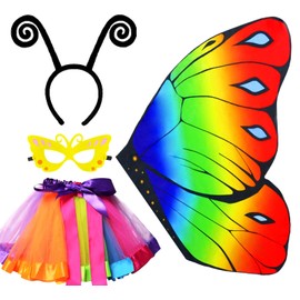 TAXTYHRE 4 x Children's Butterfly Costume for Girls, Butterfly Wings for Girls, Butterfly Cape with Mask, Tutu Tulle Skirt Headband, Suitable for Role Play, Carnival, Masquerade (Rainbow)