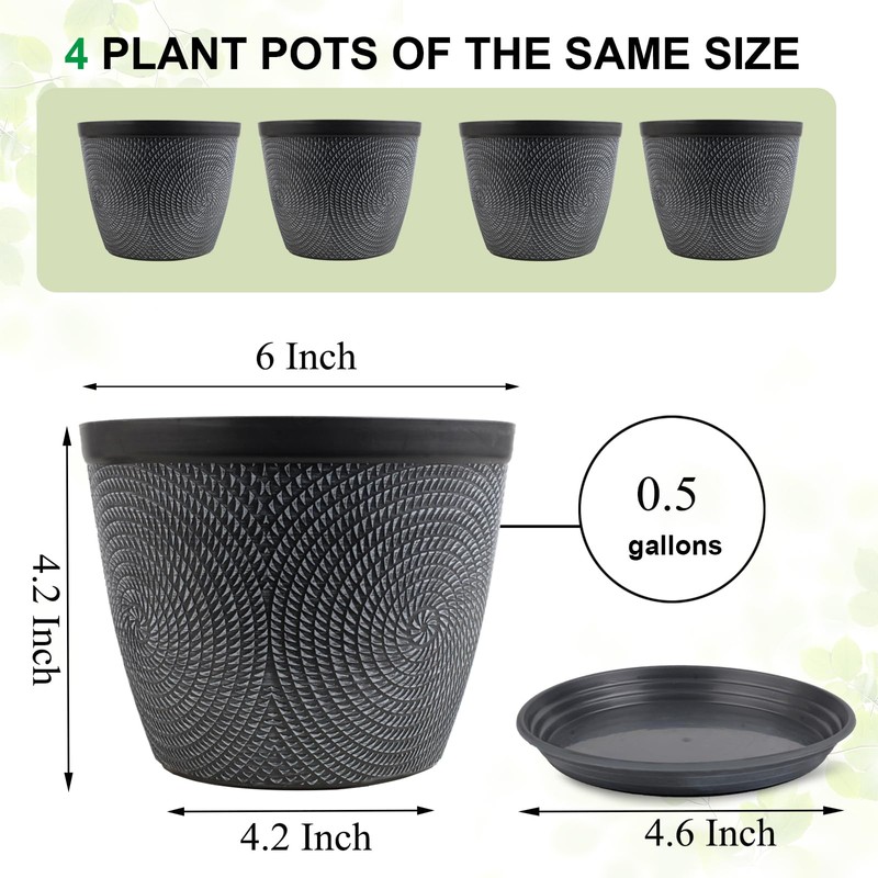 Quarut 4 Pack 6 Inch Flower Pots Planters for Outdoor