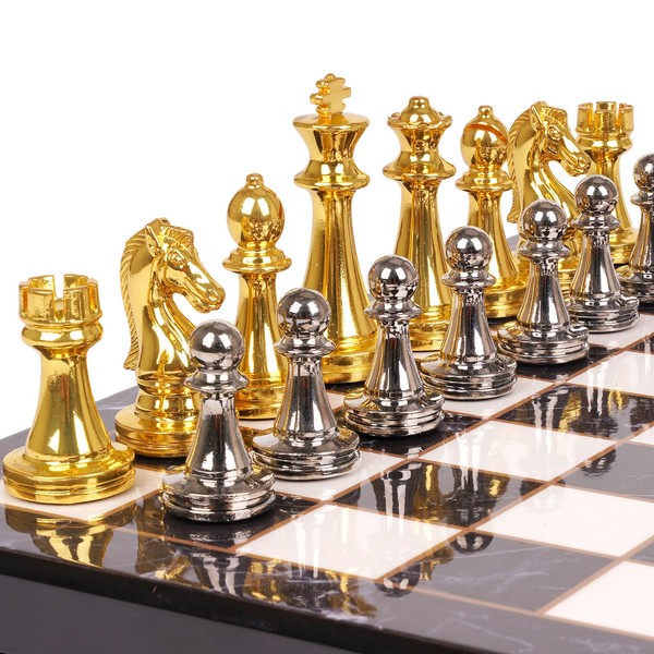 Metal Chess Set for Adults and Kids – Marbling Chess Board with Chess Pieces – Travel Chess Sets with Extra Queens with zinc Alloy Metal Pieces – Ideal for Beginners and Professional Players