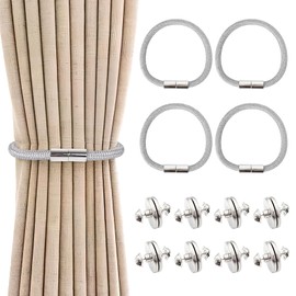 Naapesi Pack of 4 Grey Magnetic Curtain Tiebacks with 4 Pairs Curtain Magnetic Closure, Curtain Tie Holder, Curtain Accessories for Home and Office