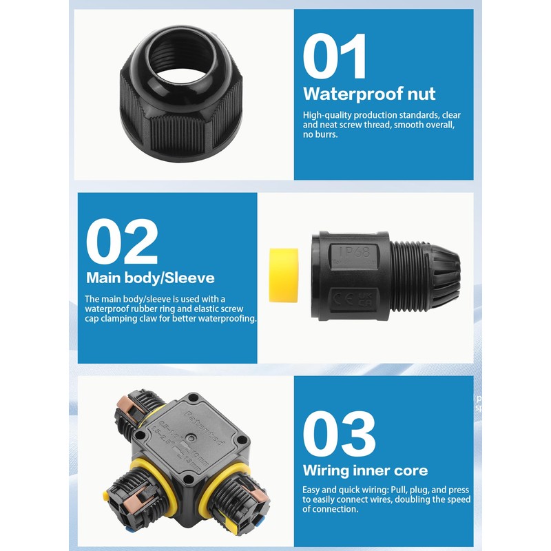 YACSEJAO 3 Pin Outdoor Junction Box 2/3/4 Way IP68 Waterproof