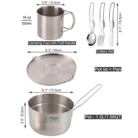 Compact Camping Pot Backpack Mess kit, 18/8 Stainless Steel Camping Pot and Pan Cooking Set, Lightweight Camping Cup, with Folding Camping Silverware Set for Outdoor Camping Hiking Picnic