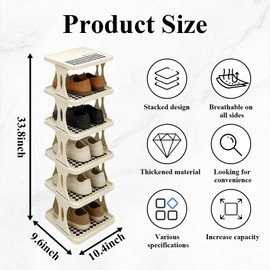 AKAZA Vertical Shoe Rack 6 Tier Adjustable Shoe Organizer – Narrow Shoe Shelf for Closet, Entryway, Bedroom, Cabinet & Apartment Storage, Holds 7 Pairs of Shoes, Easy to Assemble, Space Saver (White)