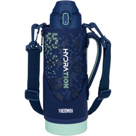 THERMOS Vacuum Insulated Sports Bottle 1L Navy Mint, Cool-Only, with Child-Friendly Pouch and Shoulder-Friendly Strap, FJS-1000F NVMT