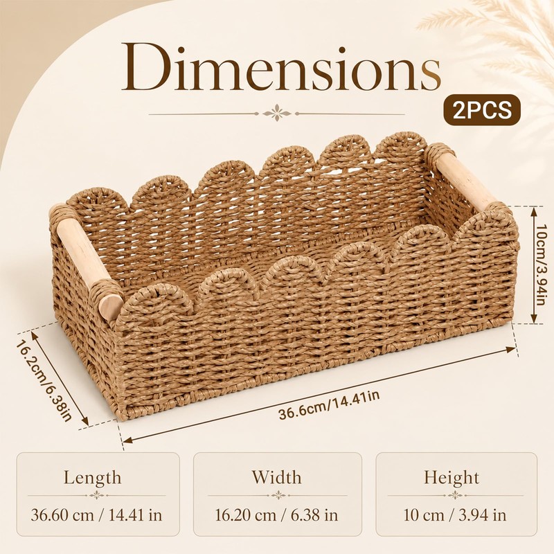 2PCS Bathroom Basket Organizer with Handle, Scalloped Basket, 14.4×6.4×4In