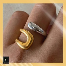 VICKWOOD Bicolour Women's Ring - Adjustable Women's Rings - Size 52/54/57 - S/M/L in Silver Gold 18K Gold Plating Made of Durable Waterproof Stainless Steel Jewellery Gift for Women, Stainless Steel