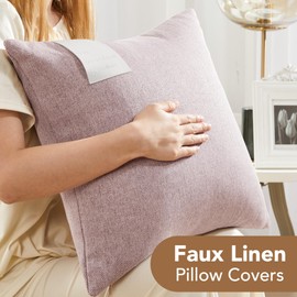 Deconovo Pillow Covers 22x22 Set of 2, Linen Throw Pillow Covers with Leather Label, Decorative Solid Accent Cushion Case Boho Farmhouse Pillowcase for Couch Sofa Bed Living Room Decor, Dusty Pink
