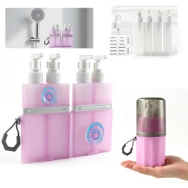 Dispensador de viaje 4 en 1, botella dispensadora de viaje de silicona irrompible, recipientes recargables de pared con succión al vacío, recipientes de artículos de aseo a prueba de fugas para