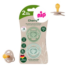 nip Cherry Dummies, Pack of 2, Flat Teat in Cherry Shape, Natural Rubber, Breastfeeding-Friendly, BPA-Free, Sustainable, 6 Months +, Teething Friendly, Proven and Popular