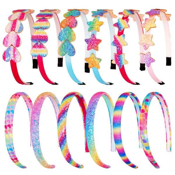 Whaline 12Pack Rainbow Headbands Glitter Heart Girls Headbands Rainbow Girls Star Hairbands Glitter Pink Sequin Printed Headband for Girls Hair Accessories