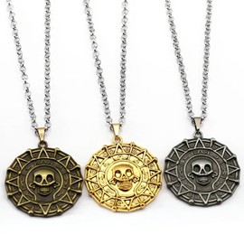 14K Yellow Gold Pirate Necklace For Men Women, Costume Classic Pirates Of The Caribbean Necklace, 925 sterling Silver Coin Medallion Skull Pendant Necklace For Men And Jewelry Necklaces