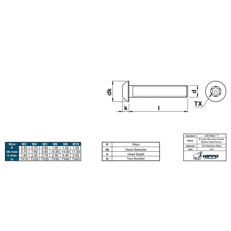 Hippo Hardware M6 (6mm X 10mm) Torx Pin Button Head