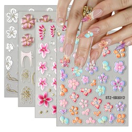 Flower Nail Stickers for Nails Art 5D Embossed Colorful Pink White Floral Butterfly Designs Self-Adhesive Nail Decals Gel Stickers French Flower Manicure Decoration for Women,4Pcs