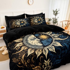 Sun and Moon Comforter Set Black Boho Bedding Set Celestial Galaxy Starry Space Bedding Comforter Mandala Exotic Black Bed in A Bag Queen Size